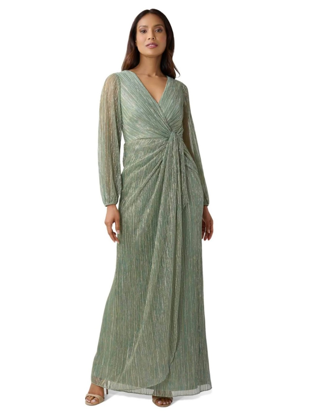 Metallic Sage Green Long Sleeve Wrap Maxi Dress